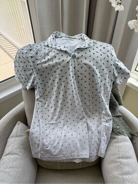 White Polo Shirt with Green Bird Print